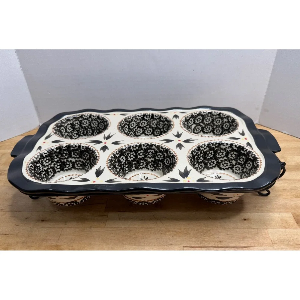 Temp-tations by Tara Old World Black Cream 6 Cup Ceramic Muffin Pan W/ Wire Rack